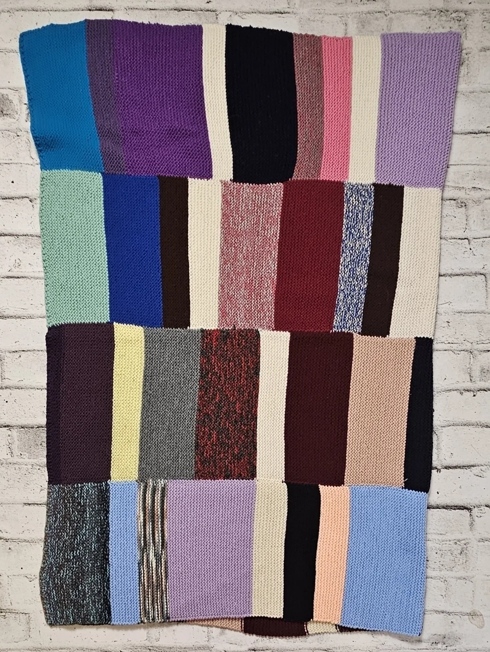 Hand Knit Patchwork Throw Blanket 52x69 Colorblock Boho Vintage Style